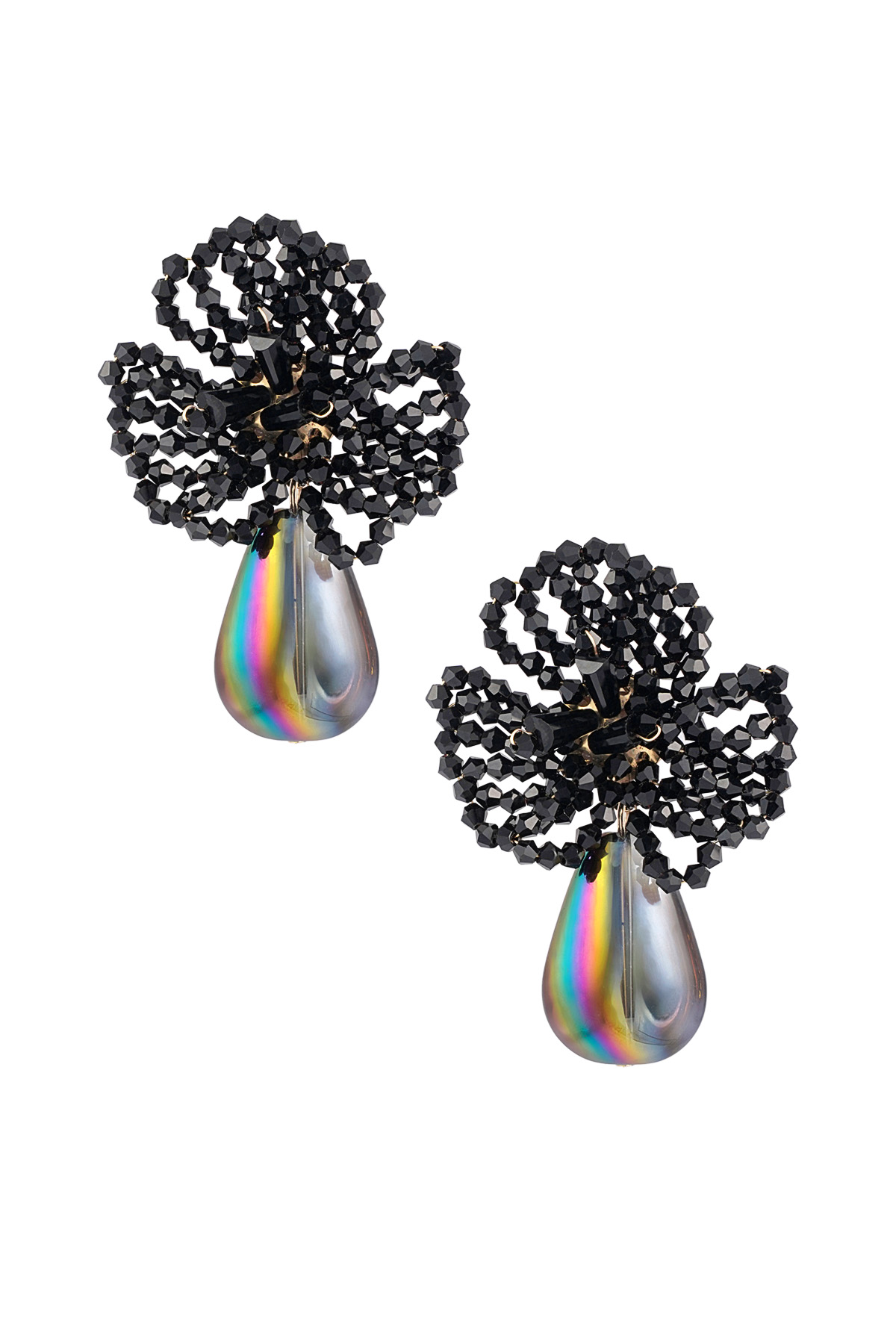 Flower earrings with beads and drop-shaped pendant - Black