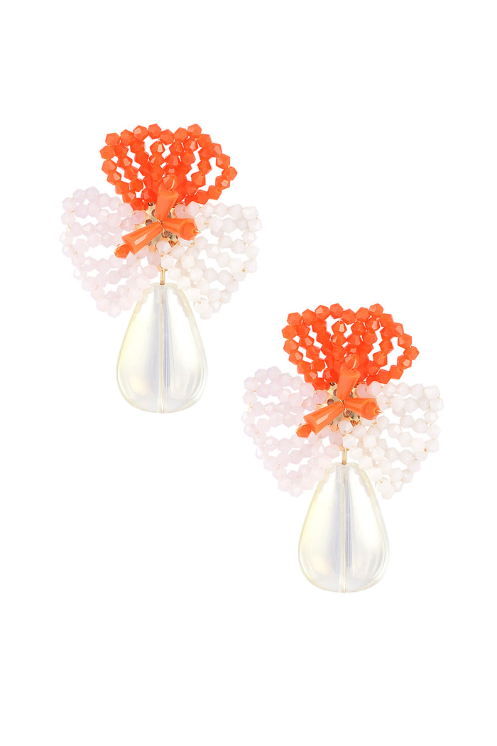Flower earrings with beads and drop-shaped pendant - Orange and Pink 
