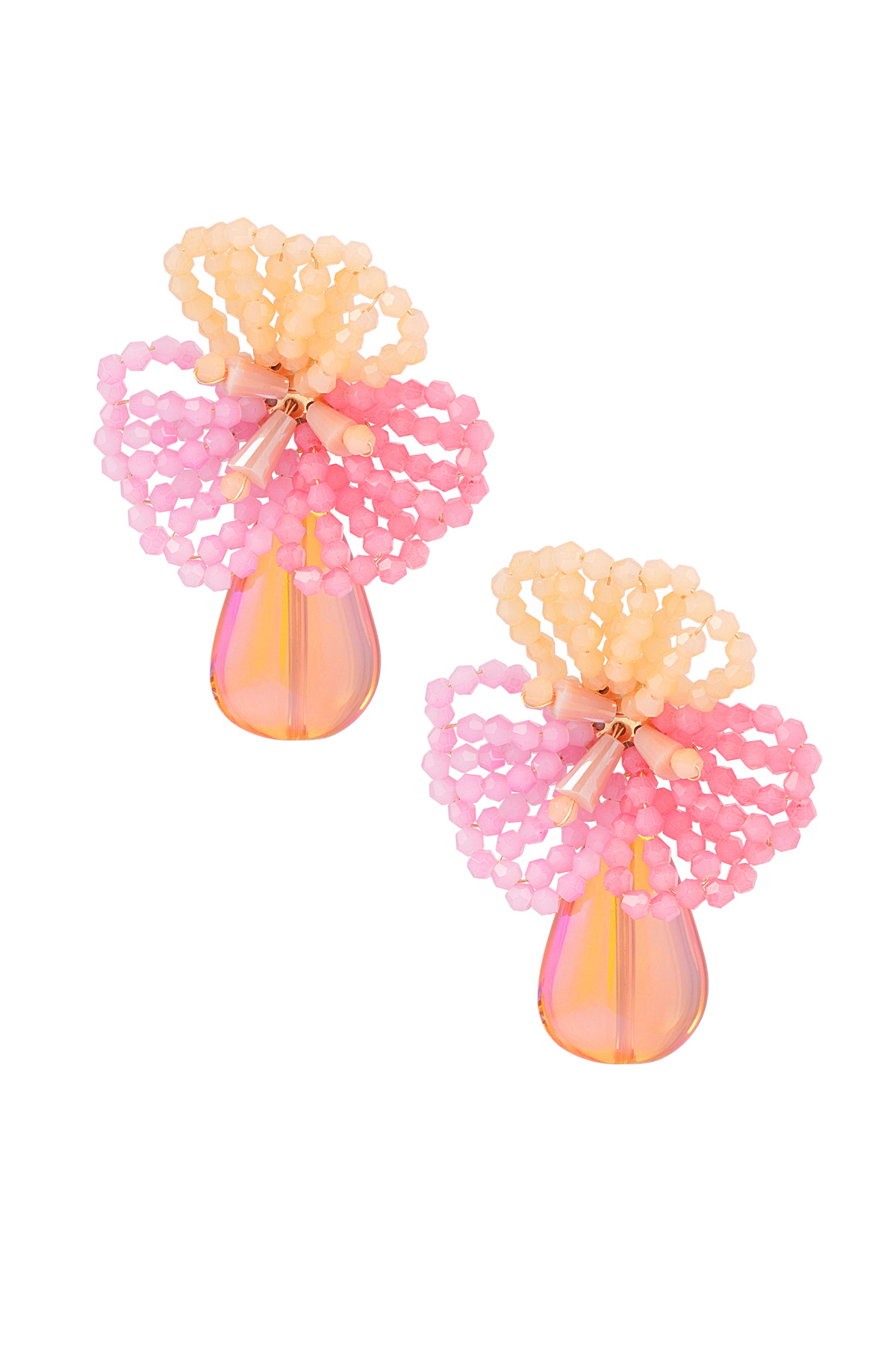 Flower earrings with beads and drop-shaped pendant - Pink