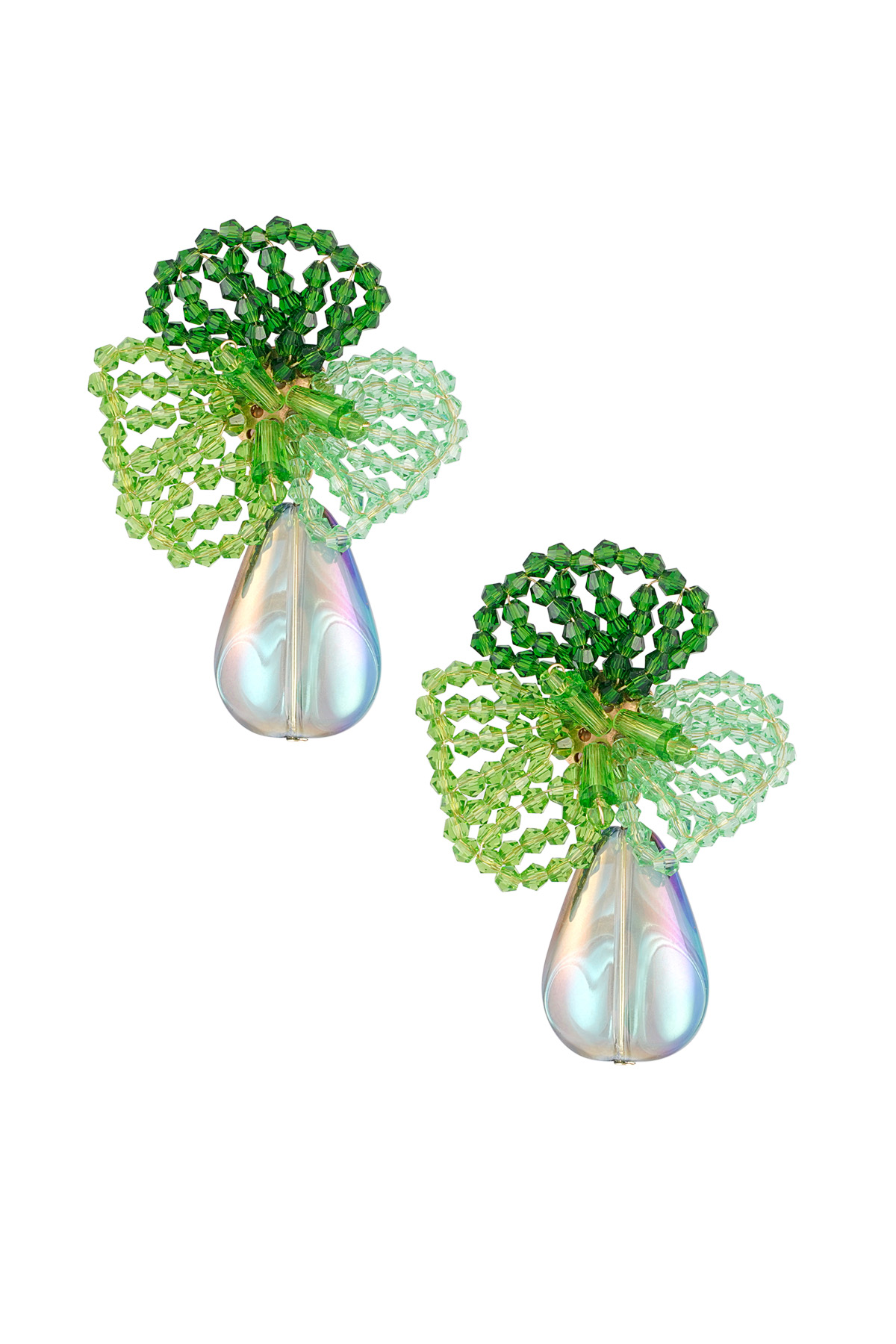 Boncuklu ve damla şeklinde uçlu çiçek küpeler - Mavi ve Yeşil