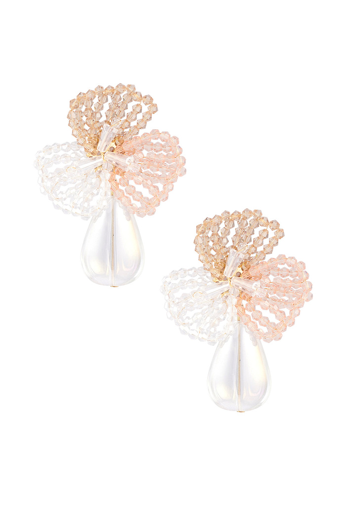 Flower earrings with beads and drop-shaped pendant - Beige 