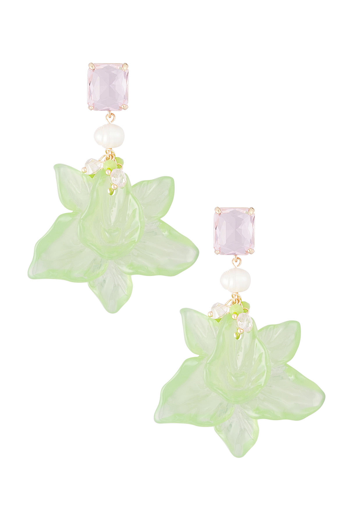 Floral pearl party earrings - pink/green  2