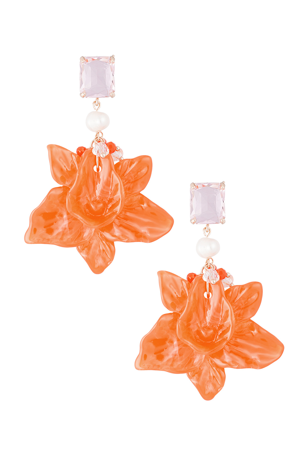 Floral pearl party earrings - orange/pink 