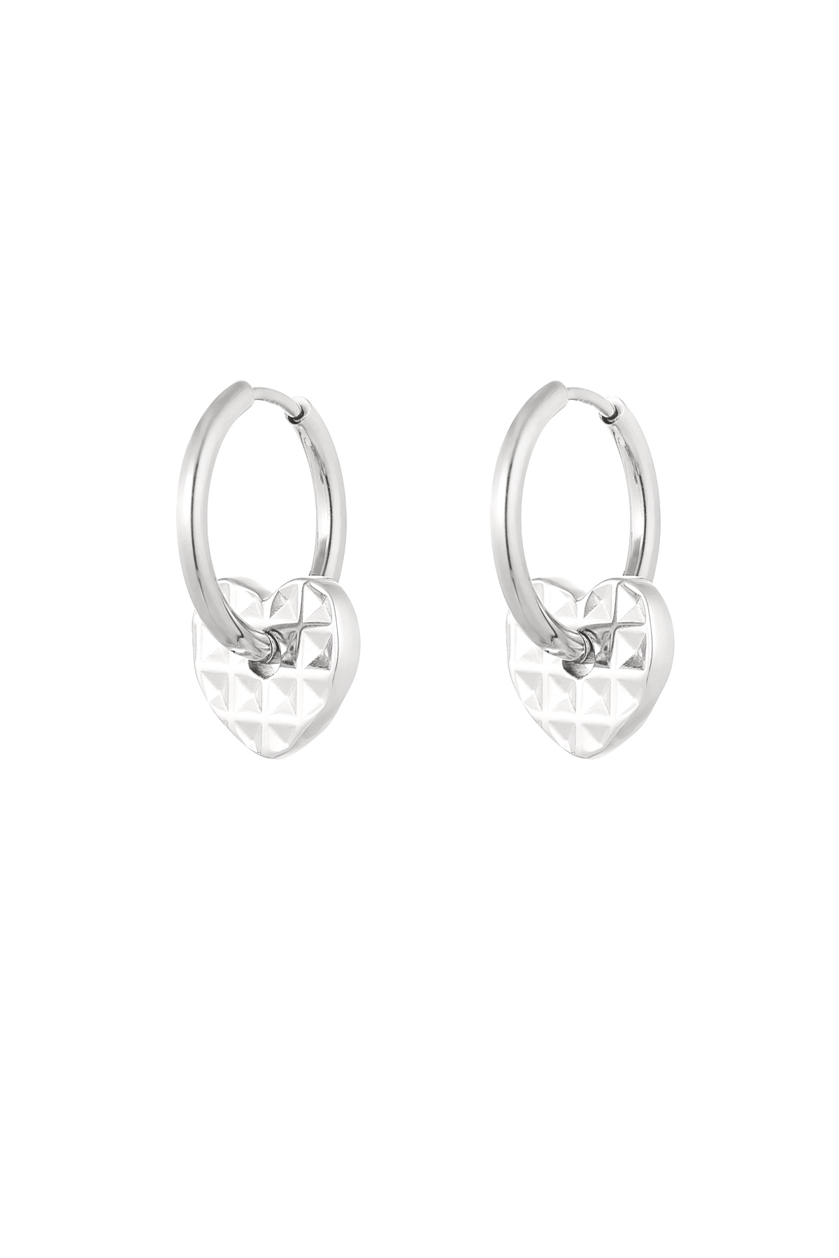 Earrings with structured heart charms - silver