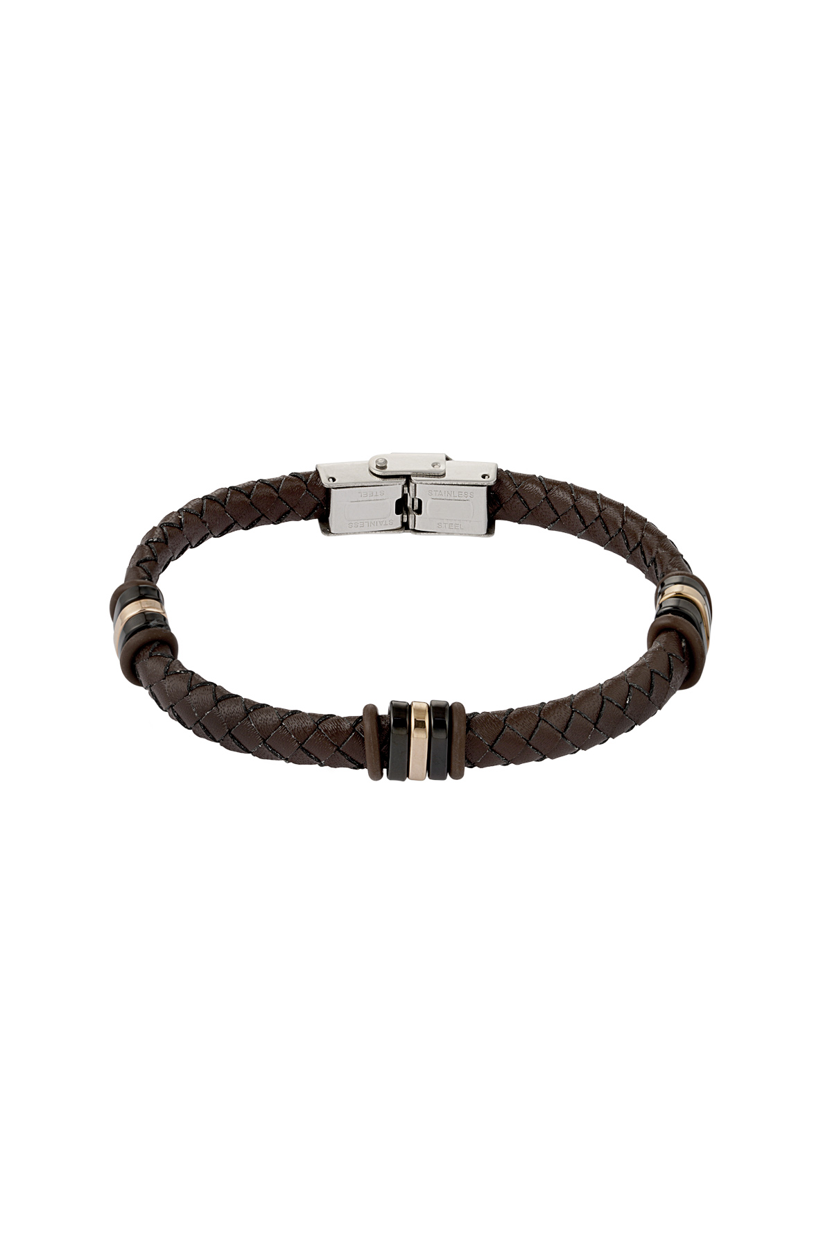 Men's bracelet braided with gold/black rings - dark brown 
