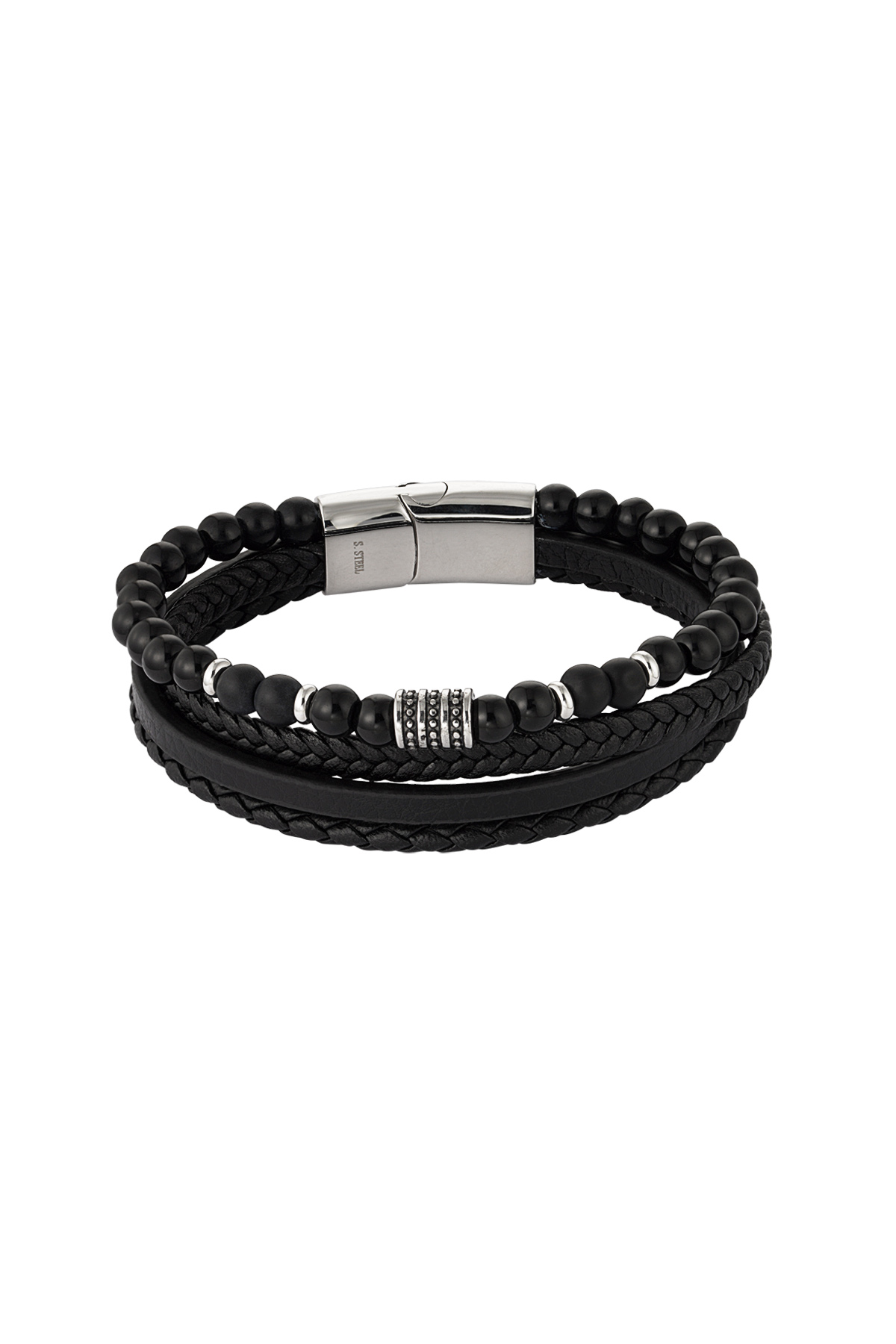 Men's bracelet double braided with beads - Silver color/black 2