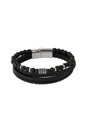 Men's bracelet double braided with beads - silver/black h5 