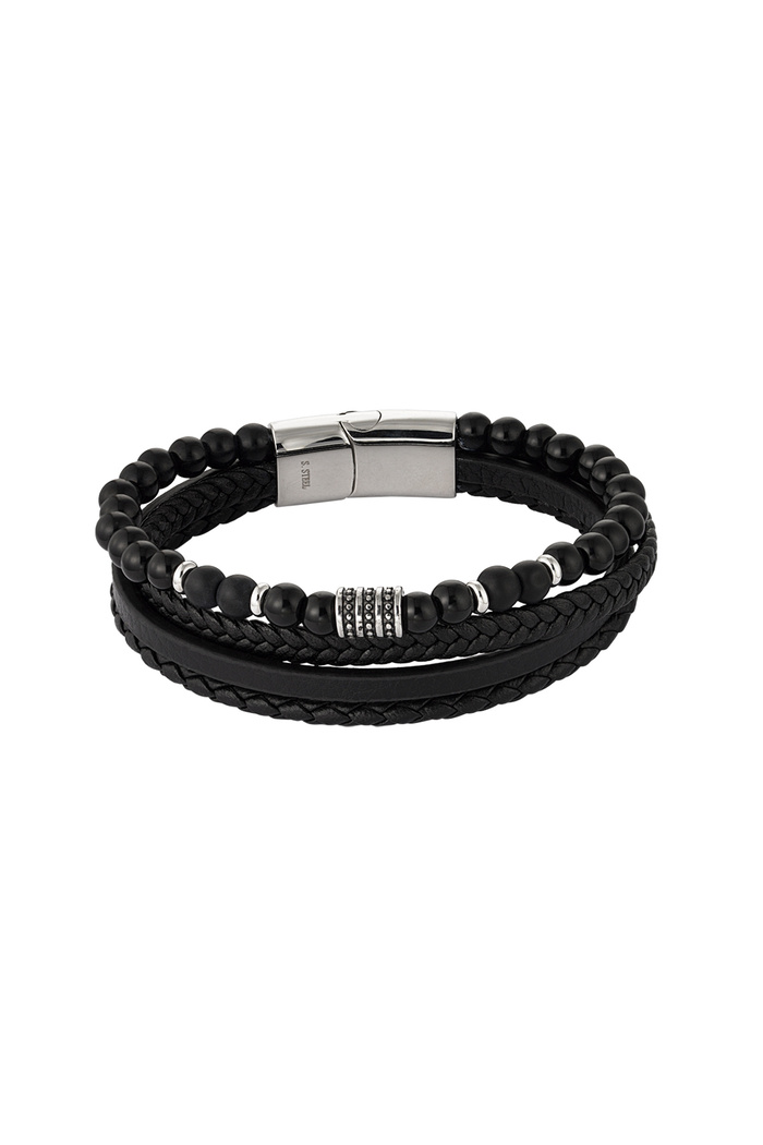 Men's bracelet double braided with beads - silver/black 