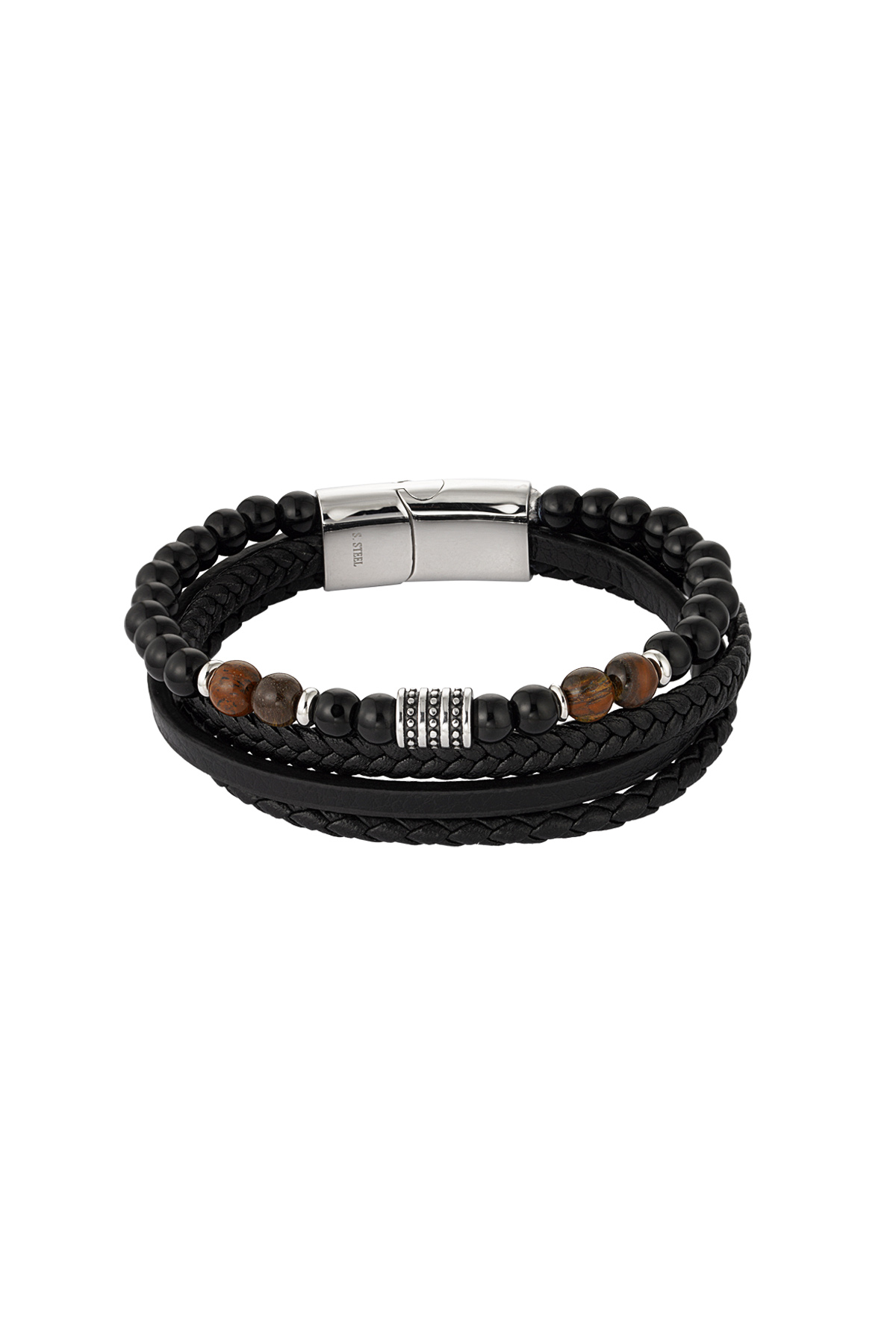 Men's bracelet double braided with beads - brown/black
