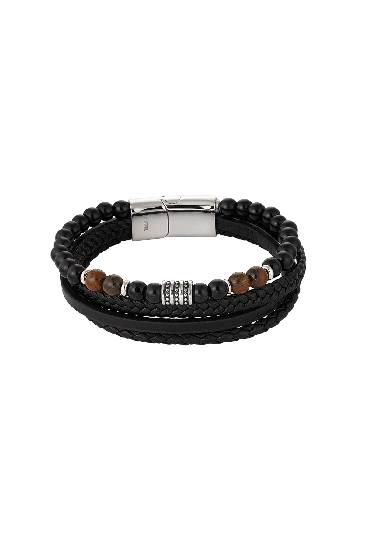 Men's bracelet double braided with beads - brown/black 2