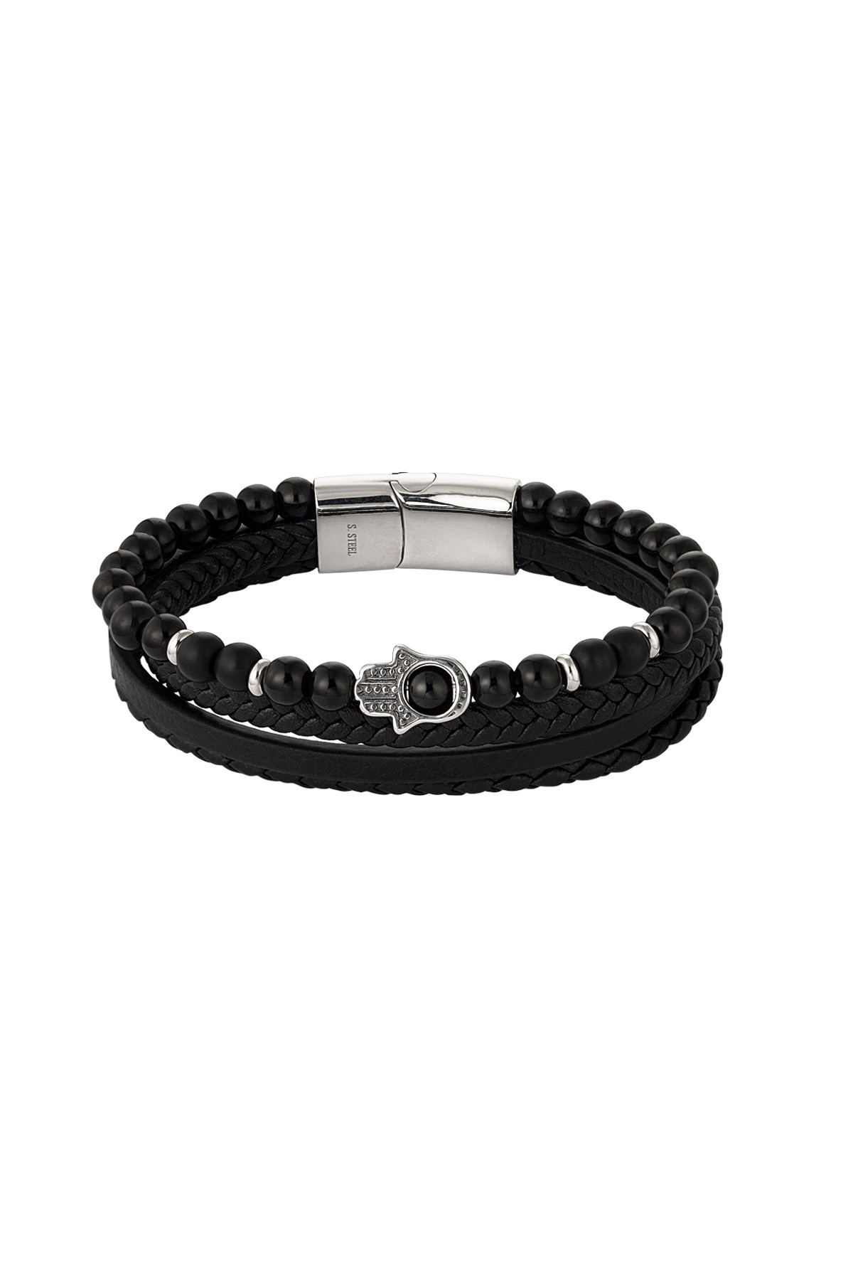 Double men's bracelet with hand charm - Black Silver h5 