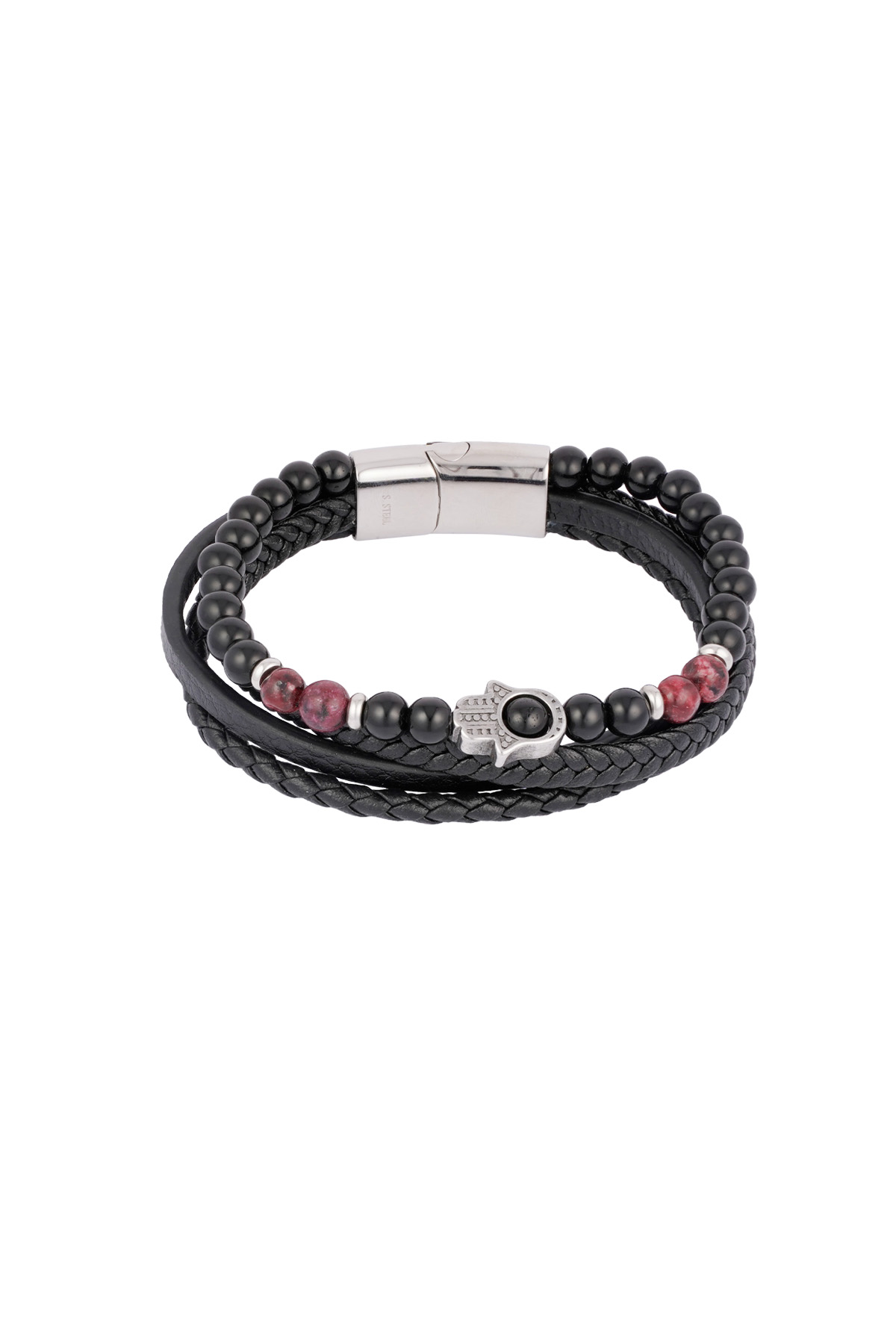 Double men's bracelet with hand charm - Wine Red