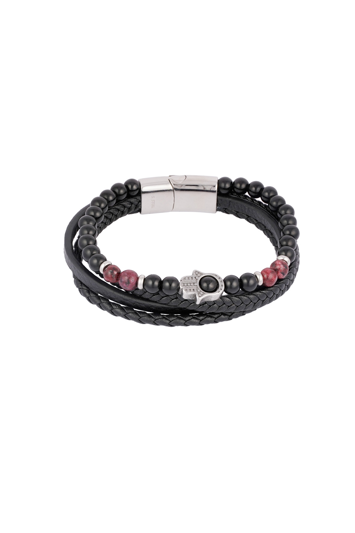 Double men's bracelet with hand charm - Wine Red 