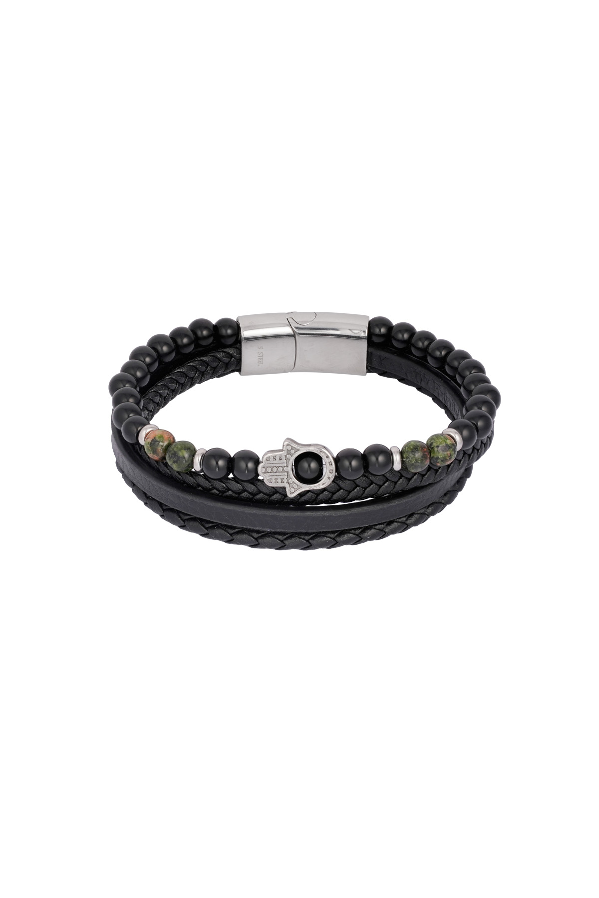 Double men's bracelet with hand charm - Brown Black