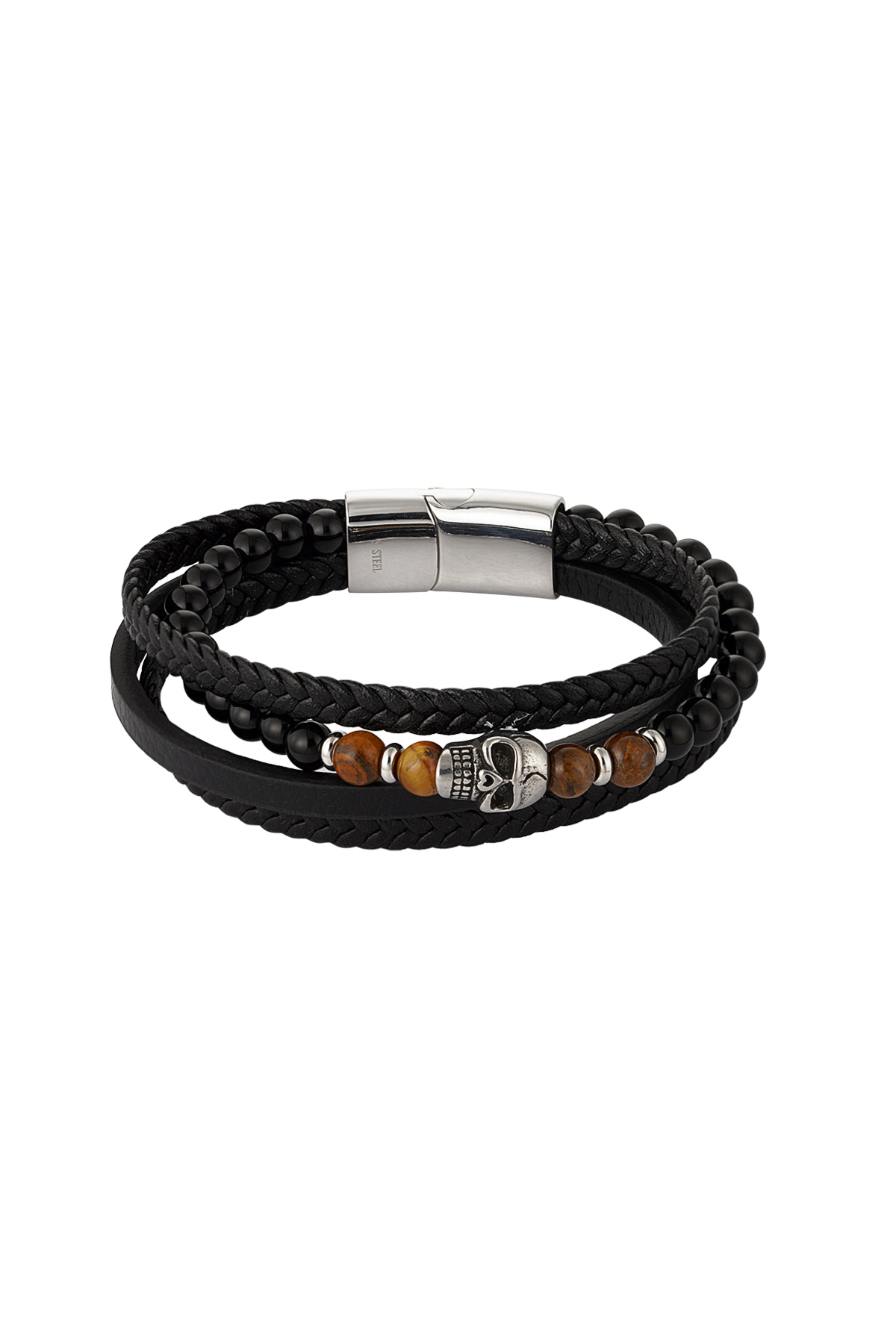 Double men's bracelet braided with beads and skull charm - brown/black 2