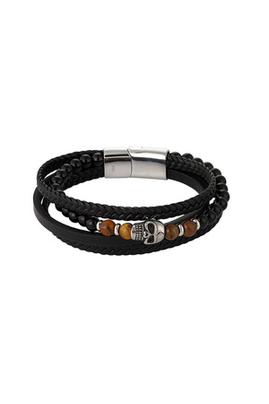 Double men's bracelet braided with beads and skull charm - brown/black h5 