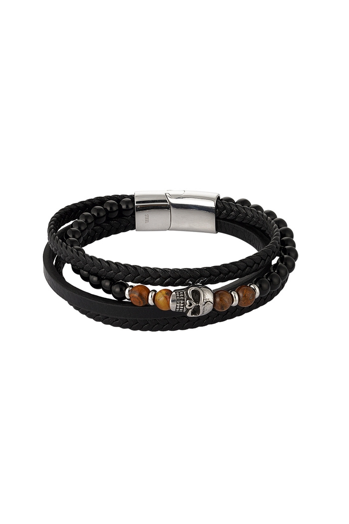 Double men's bracelet braided with beads and skull charm - brown/black 