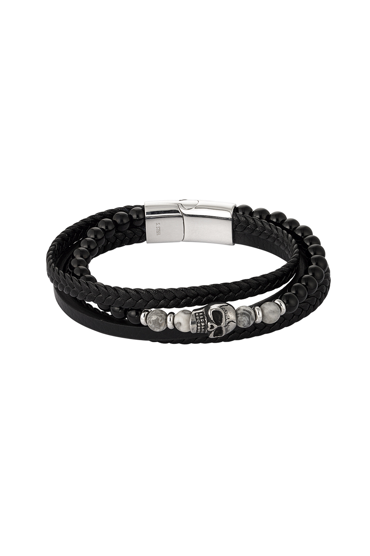 Double men's bracelet braided with beads and skull charm - black 2