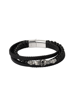 Double men's bracelet braided with beads and skull charm - black h5 