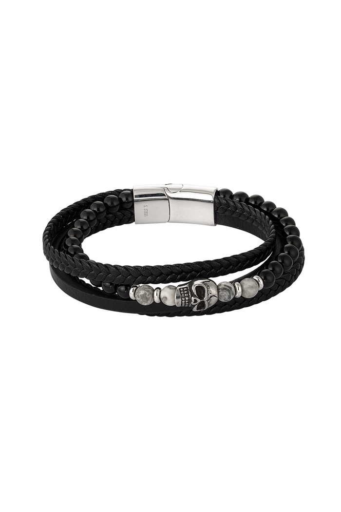 Double men's bracelet braided with beads and skull charm - black 