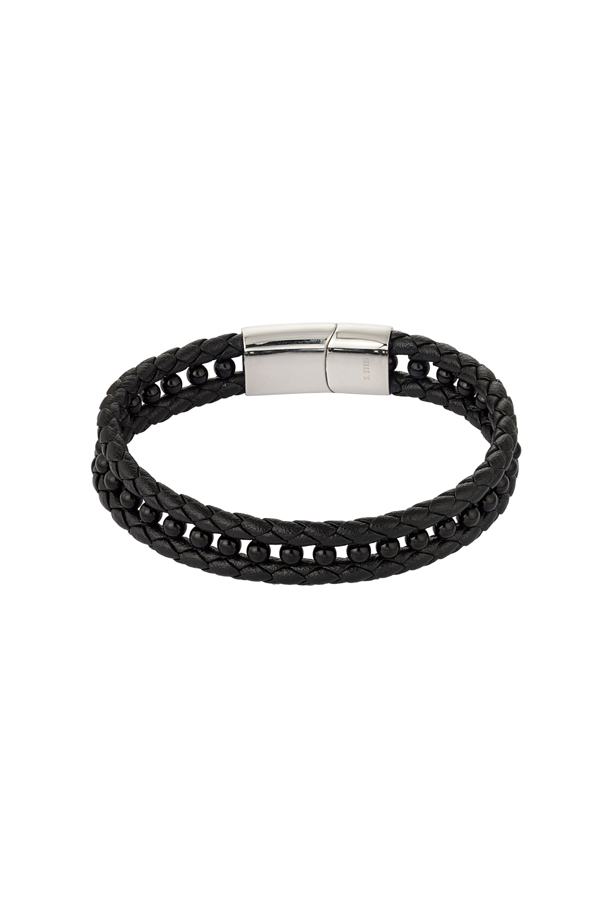 Double men's bracelet braided with beads in the middle - black