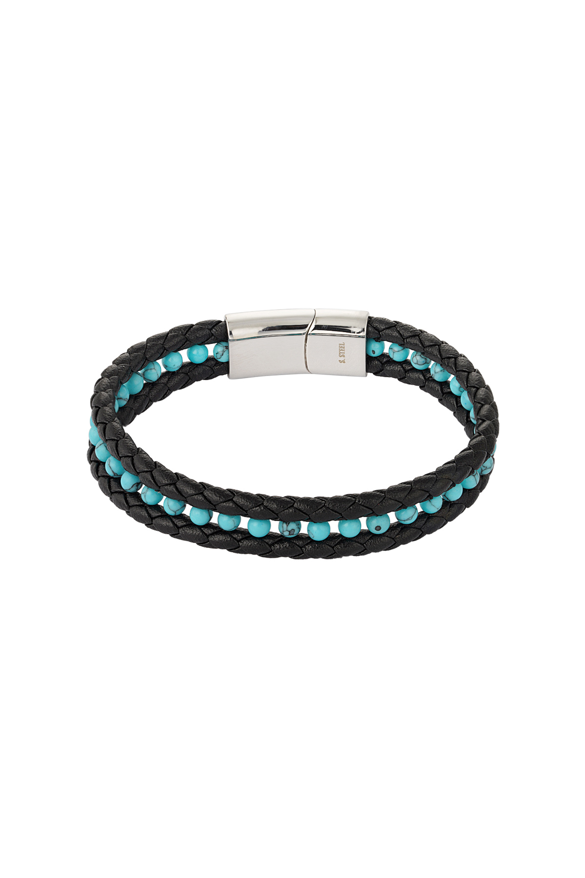 Double men's bracelet braided with beads in the middle - turquoise 