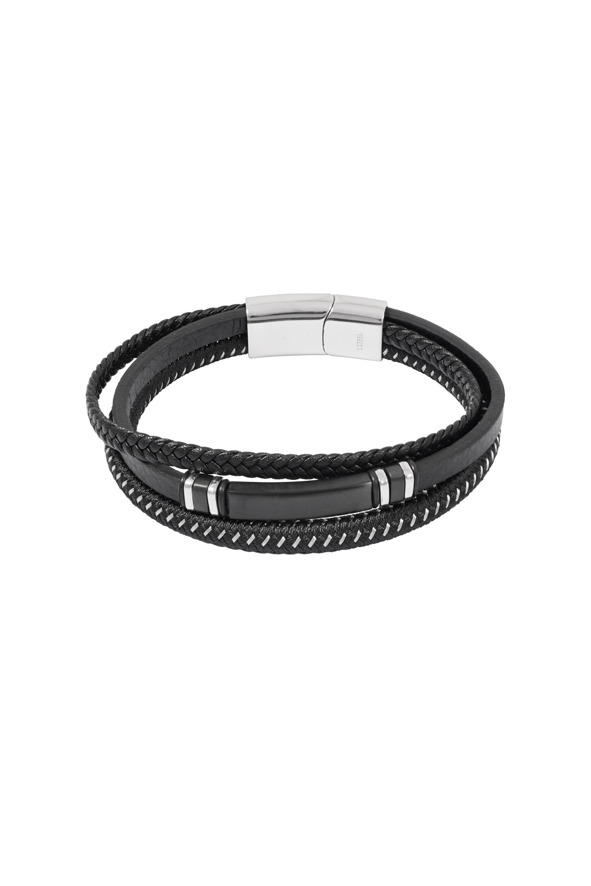 Casual double braided men's bracelet - black/silver