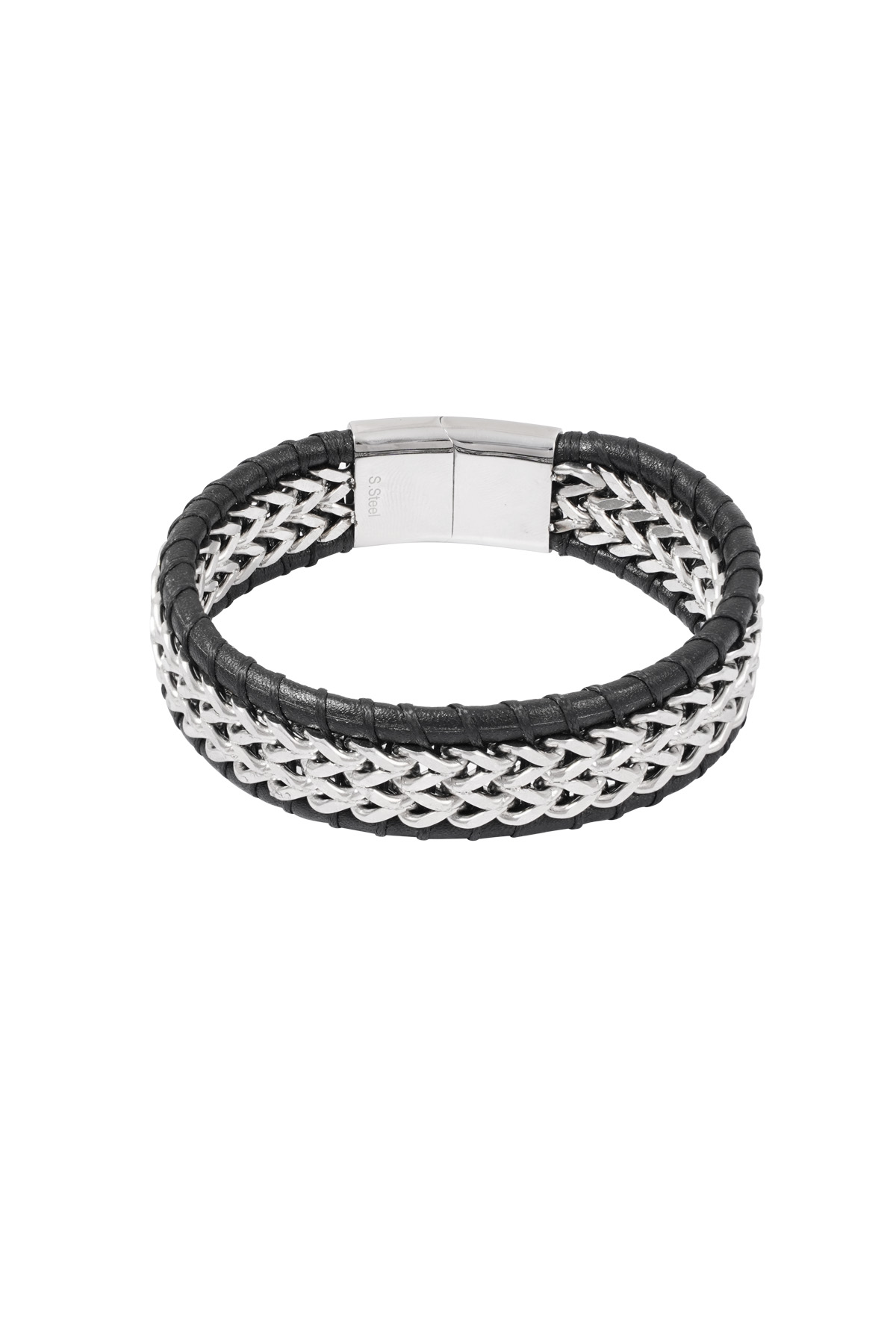 Men's bracelet with leather - silver black