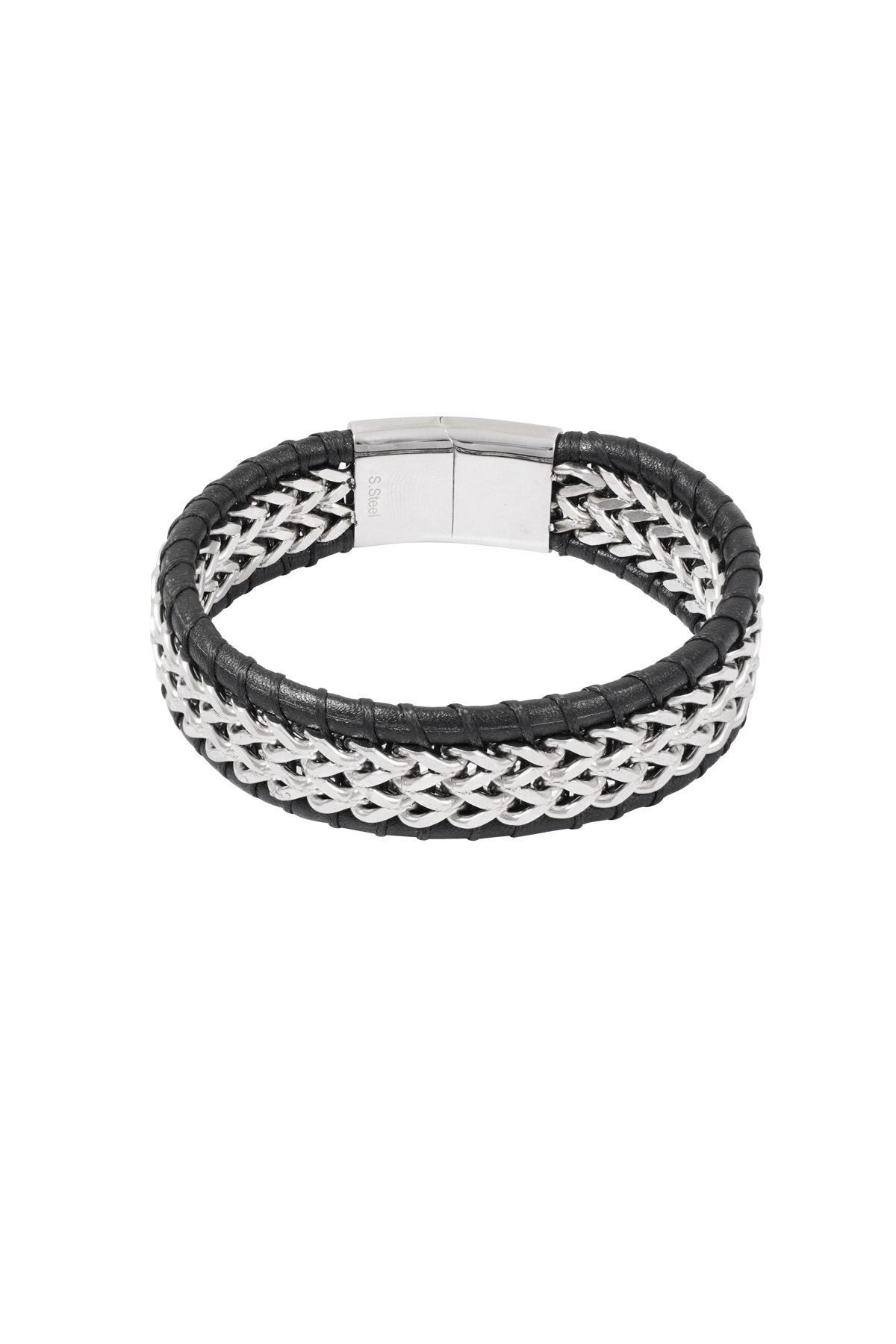 Men's bracelet with leather - silver color black 2