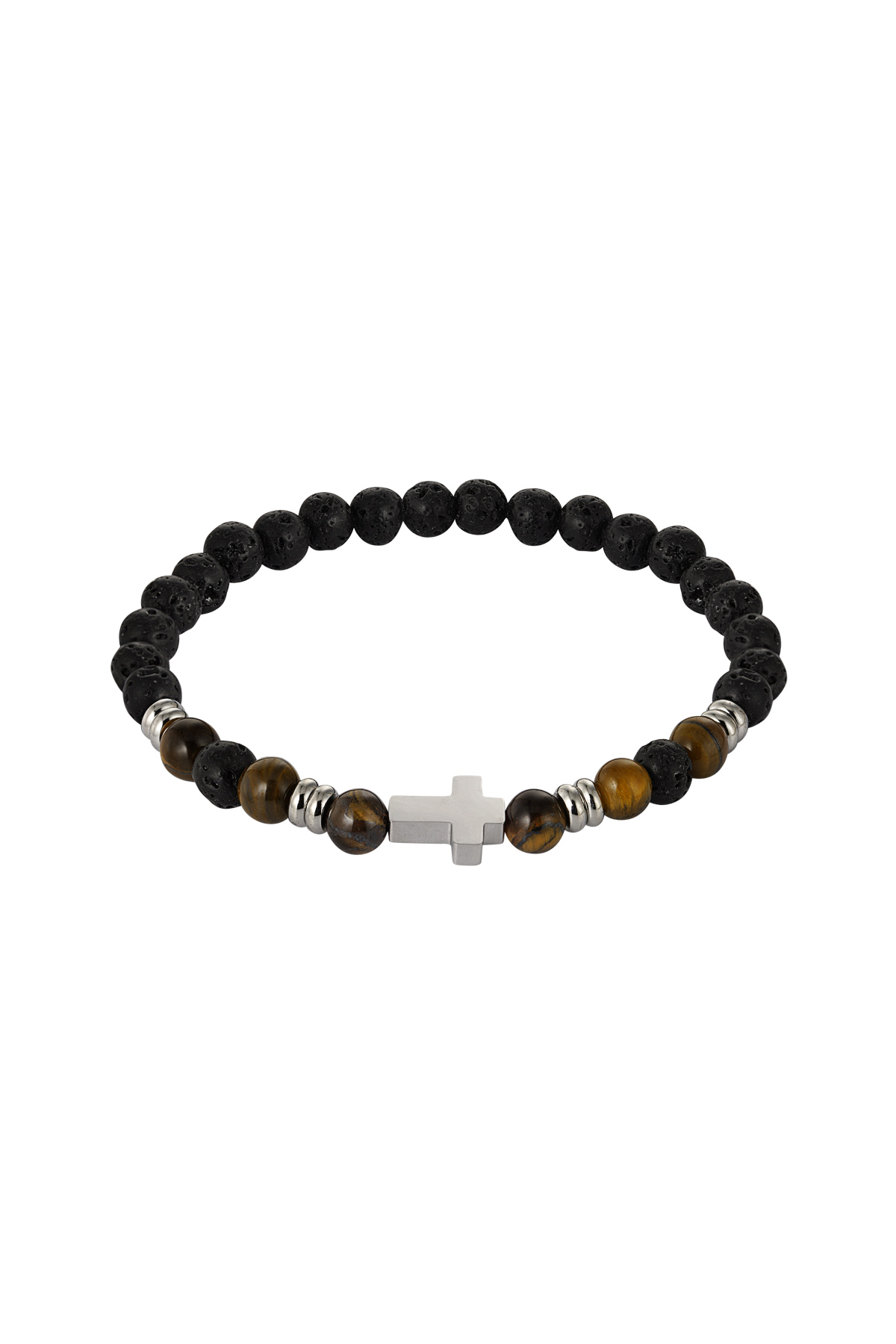 Pulsera de hombre con cuentas y cruz - marrón negro