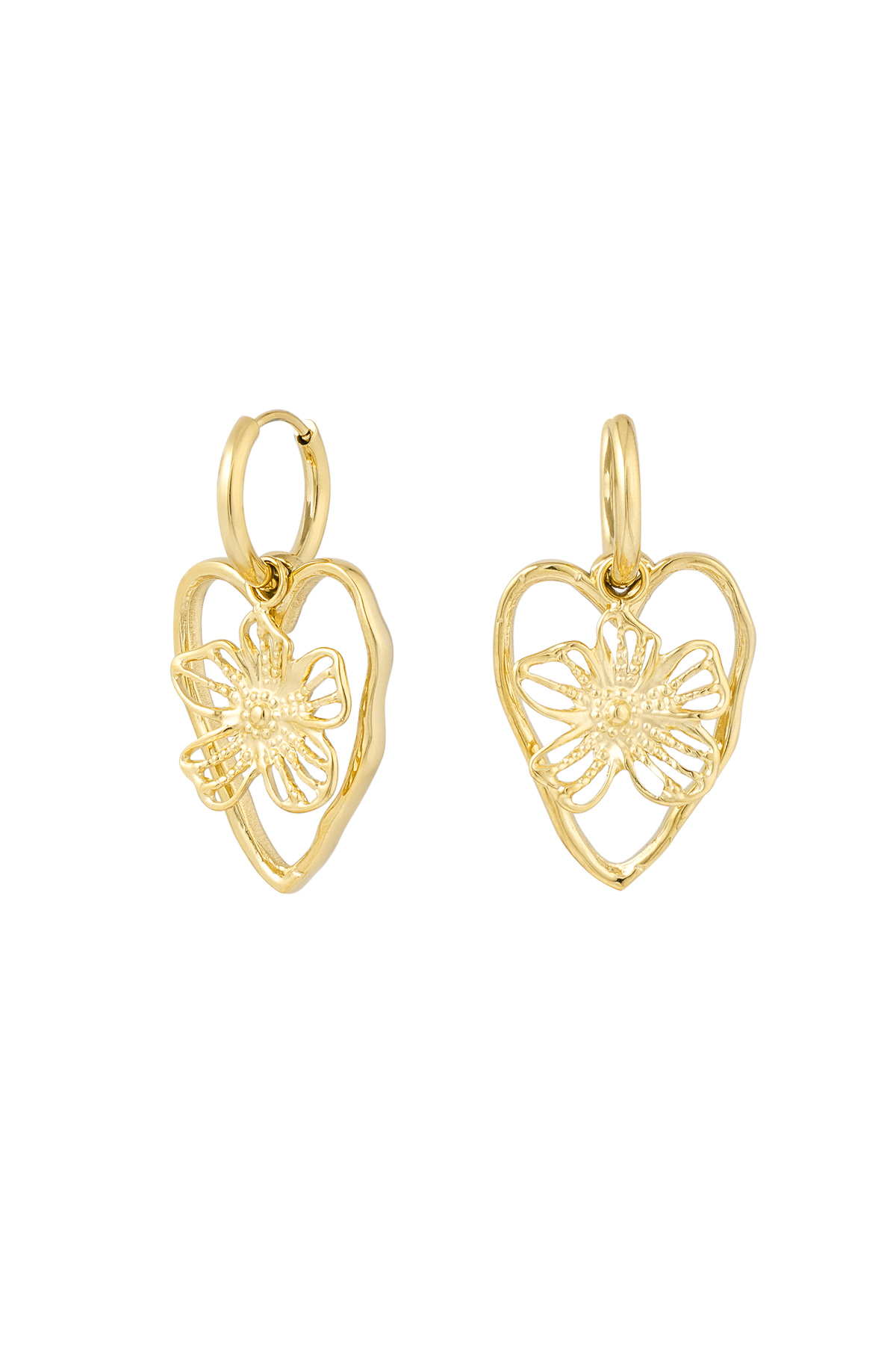 Earrings statement flower heart - gold