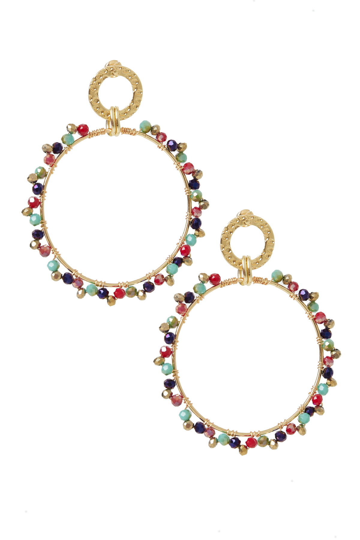 Doppelkreisohrringe mit Perlen – Kupfer – Gold/Mehrfarbig