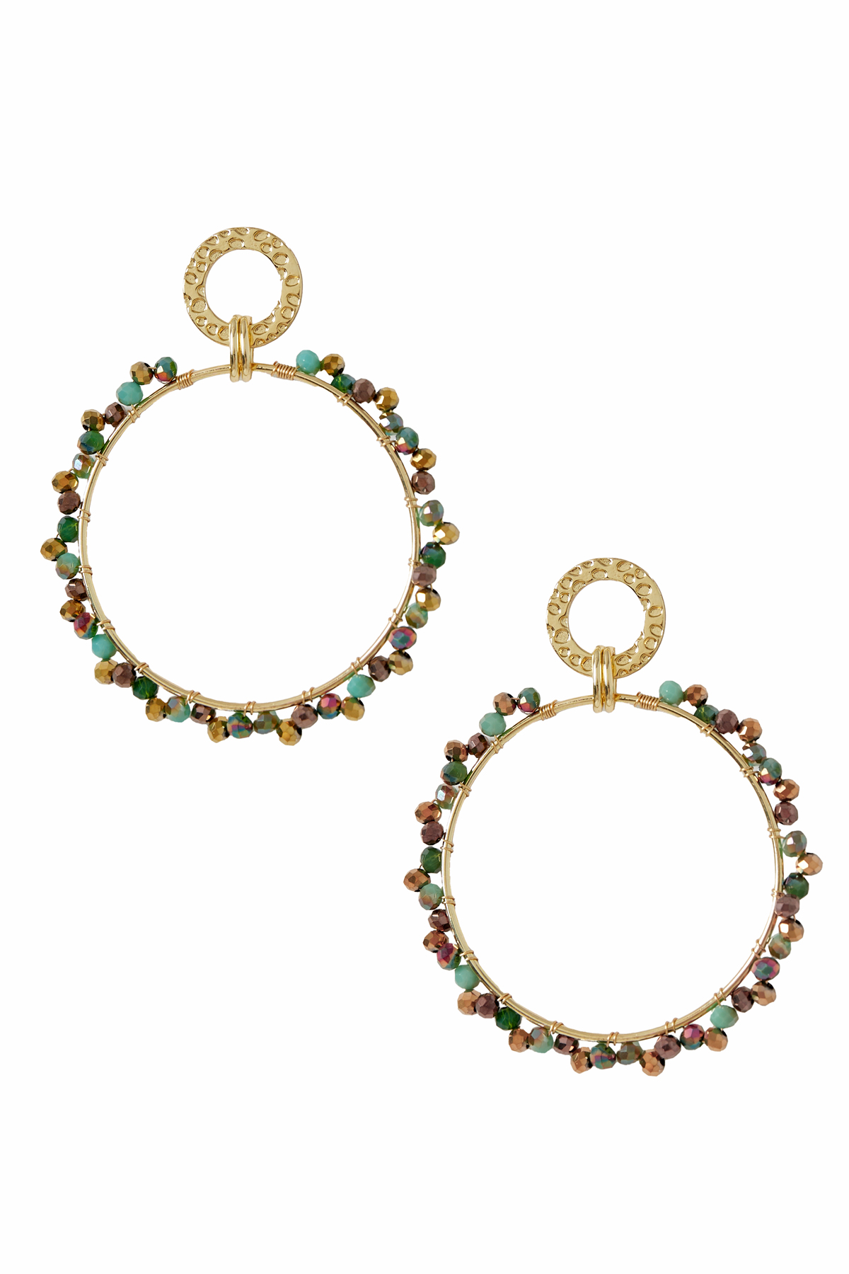 Pendientes redondos doble círculo con cuentas de colores - oro/verde