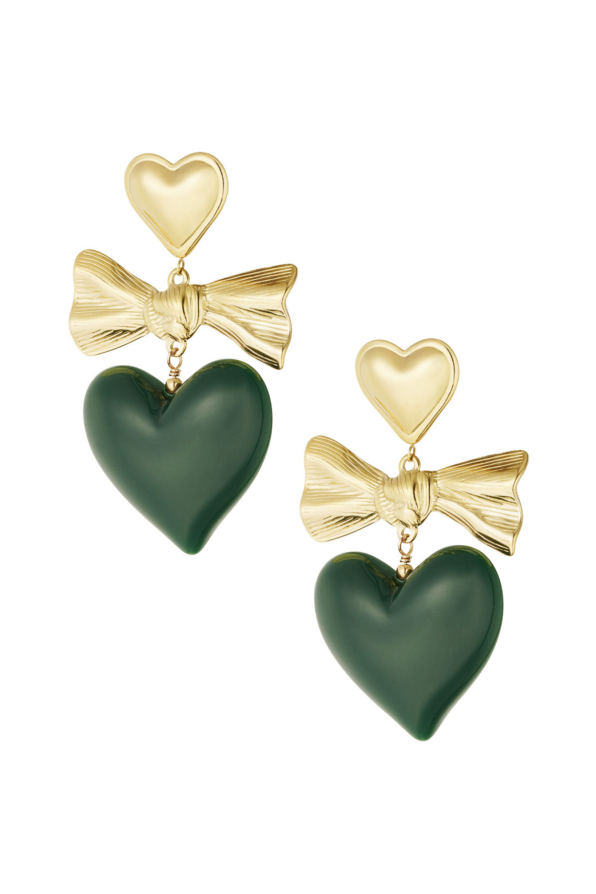 Earrings colored heart and bow - green & Gold color