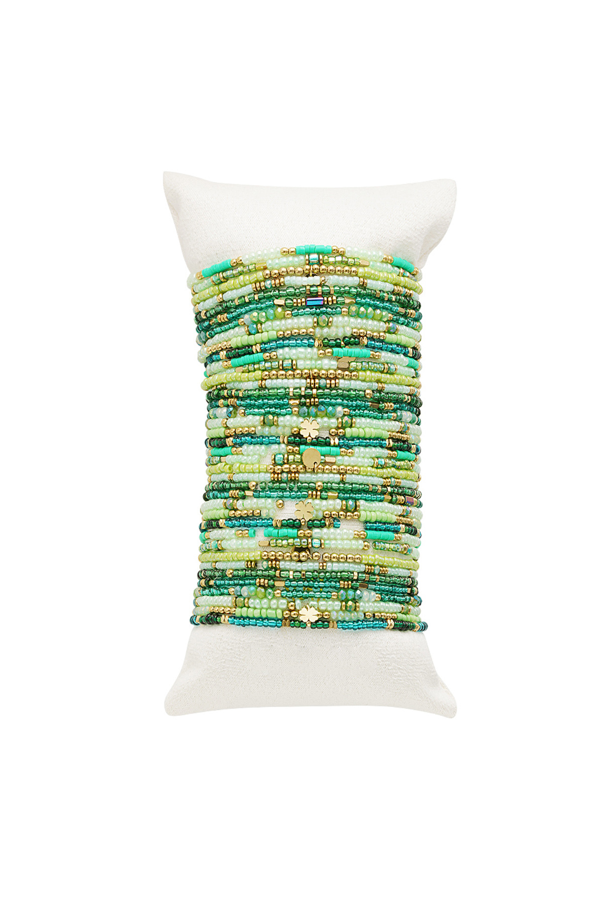 Display with bracelets colorful beads Green & Gold color Stainless Steel