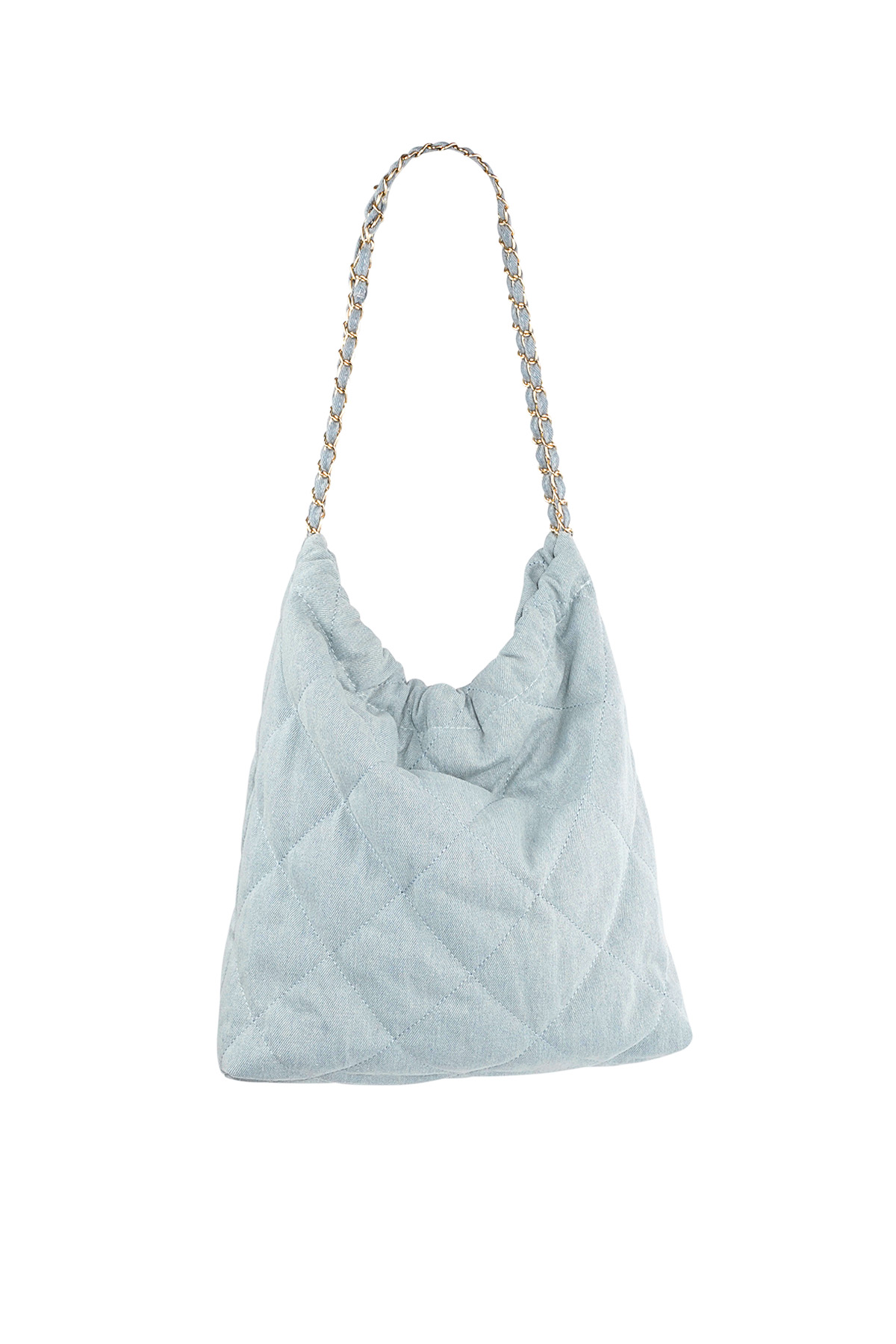 Denim bag with stitched motif and chain - light blue