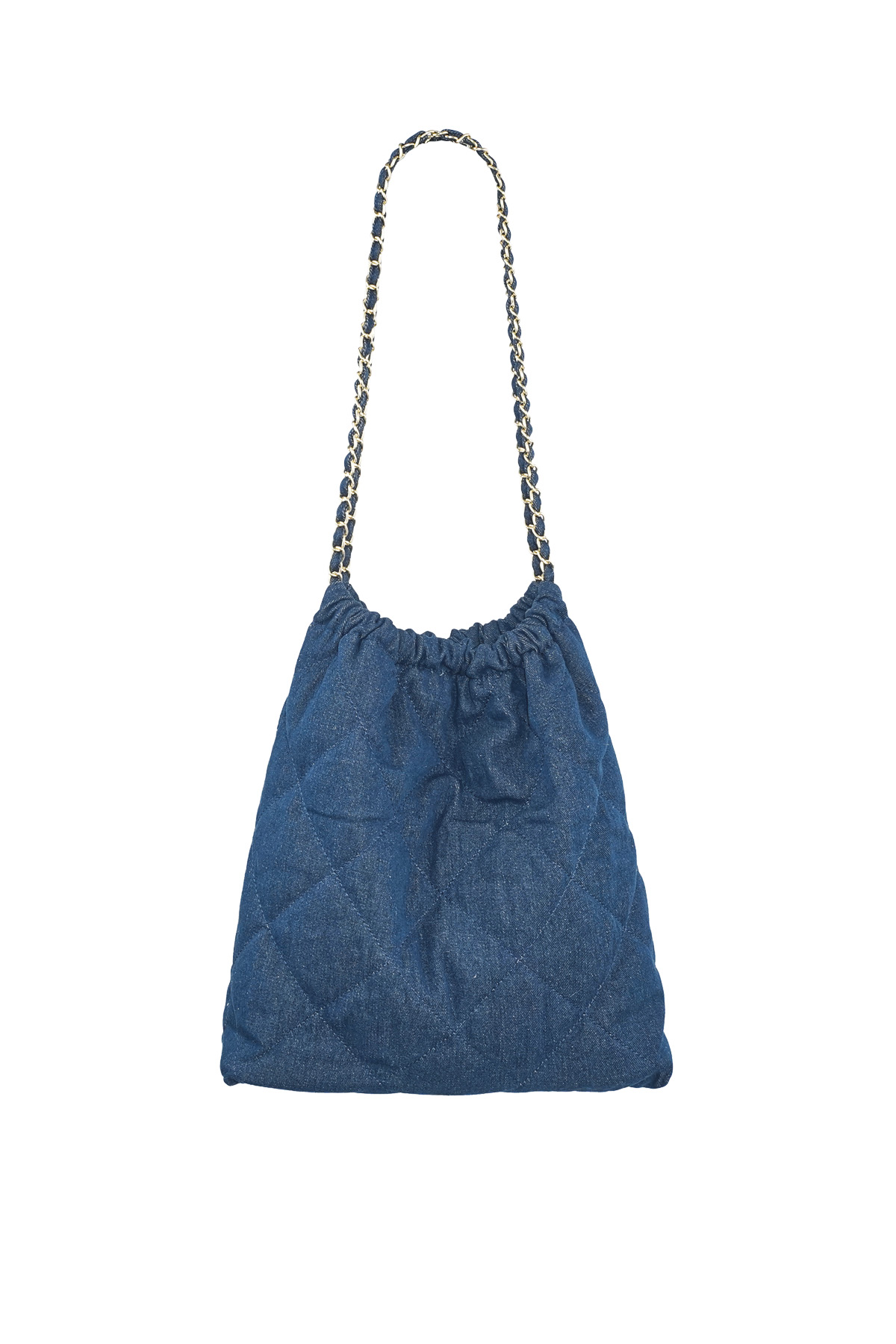 Dikiş motifli ve zincirli denim çanta - orta koyu mavi