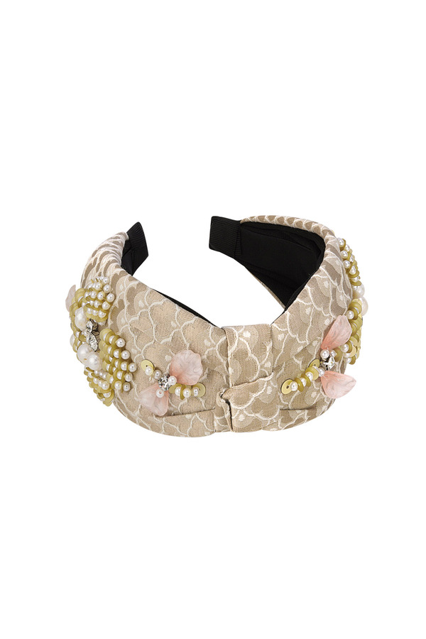 Headband floral print with pearls - beige Nylon
