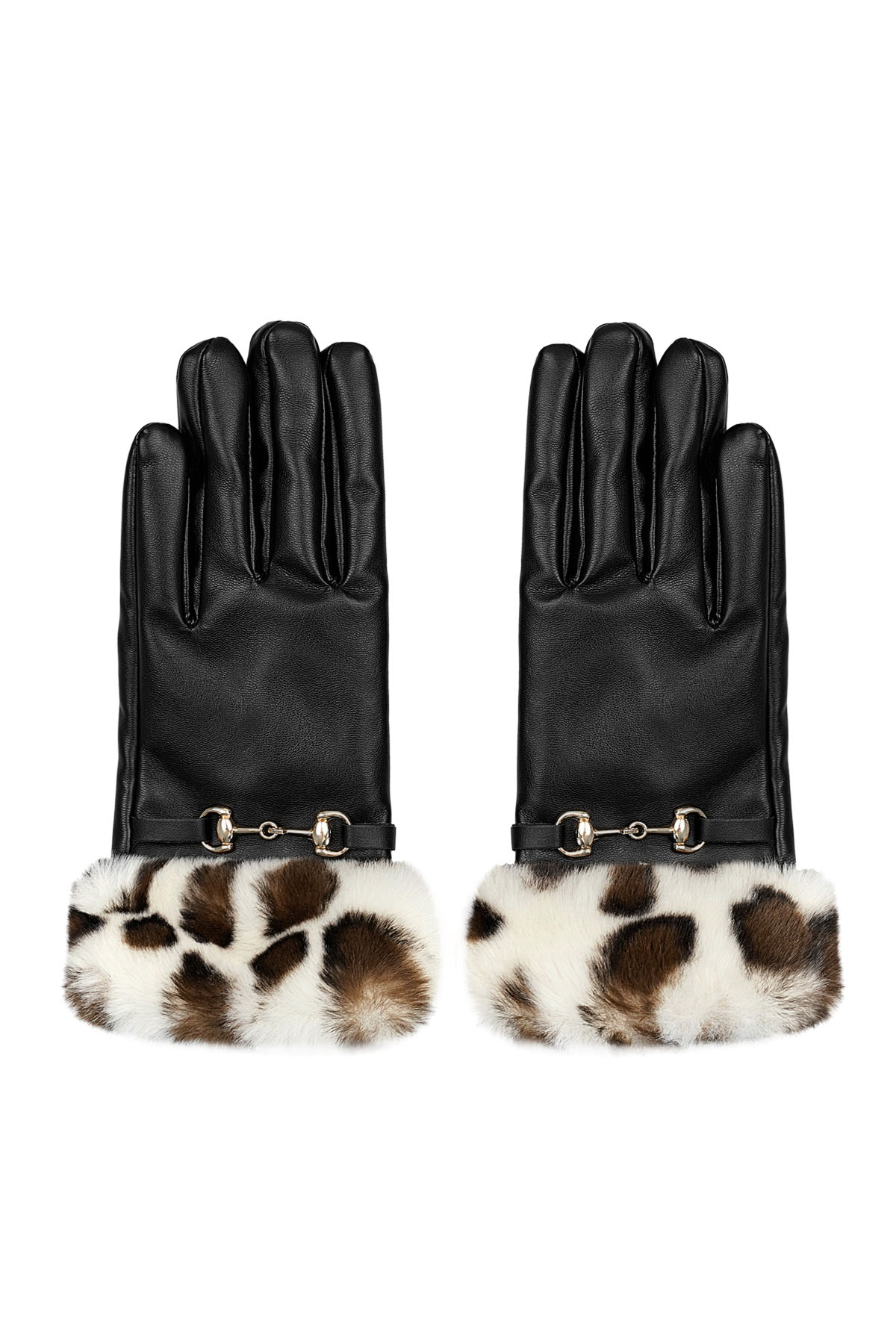 Gloves buckle with faux fur animal print - black beige