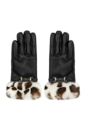 Handschoenen gesp met faux fur dierenprint - zwart beige h5 