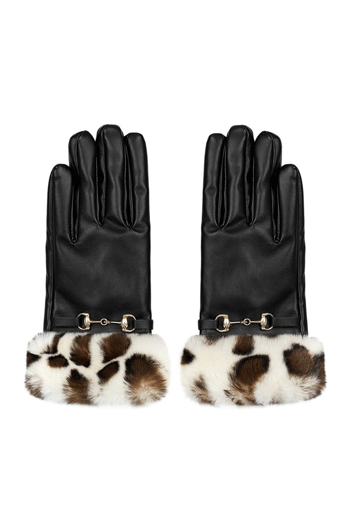 Handschoenen gesp met faux fur dierenprint - zwart beige 