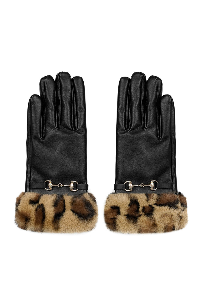 Gloves buckle with faux fur animal print - brown black 