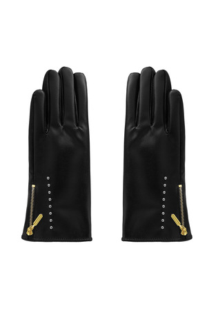 Zımbalı ve fermuarlı PU eldiven - siyah h5 