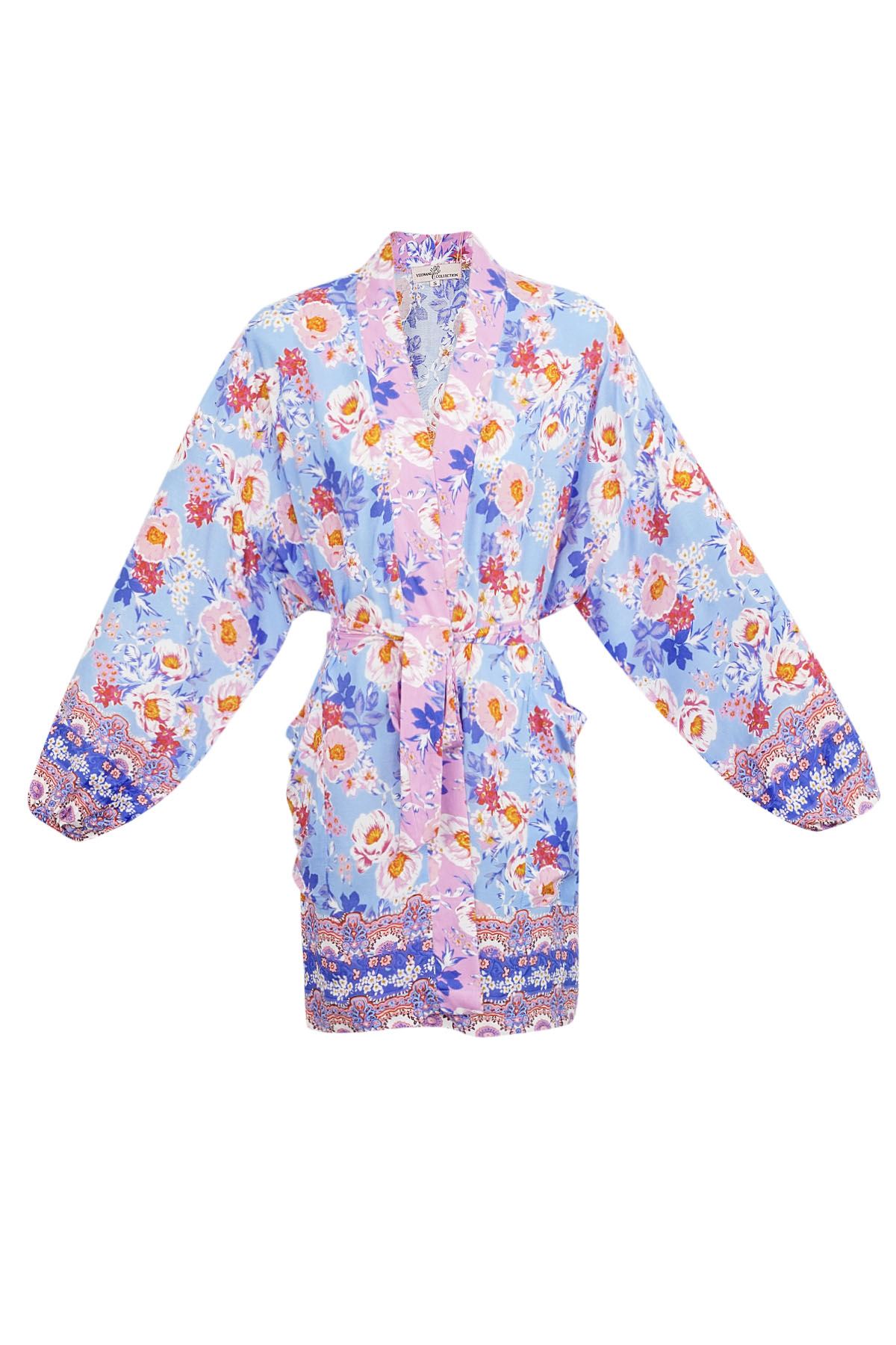 Korte kimono paarse bloemen - multi