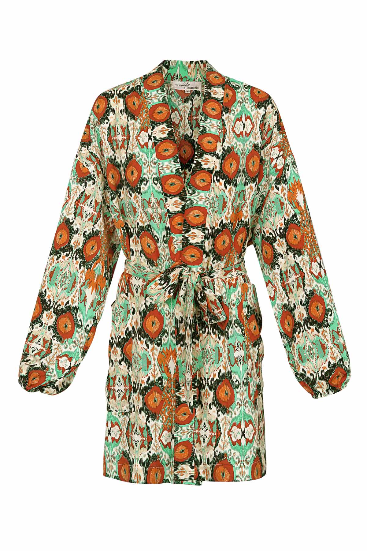 Kurzer Kimono mit buntem Druck – grün/orange