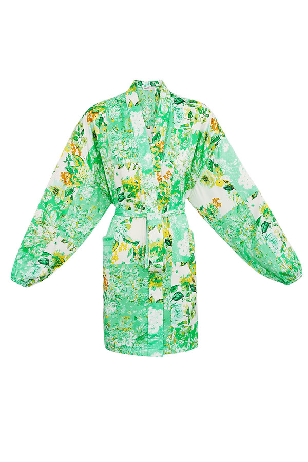Kimono court vert fleurs - multi