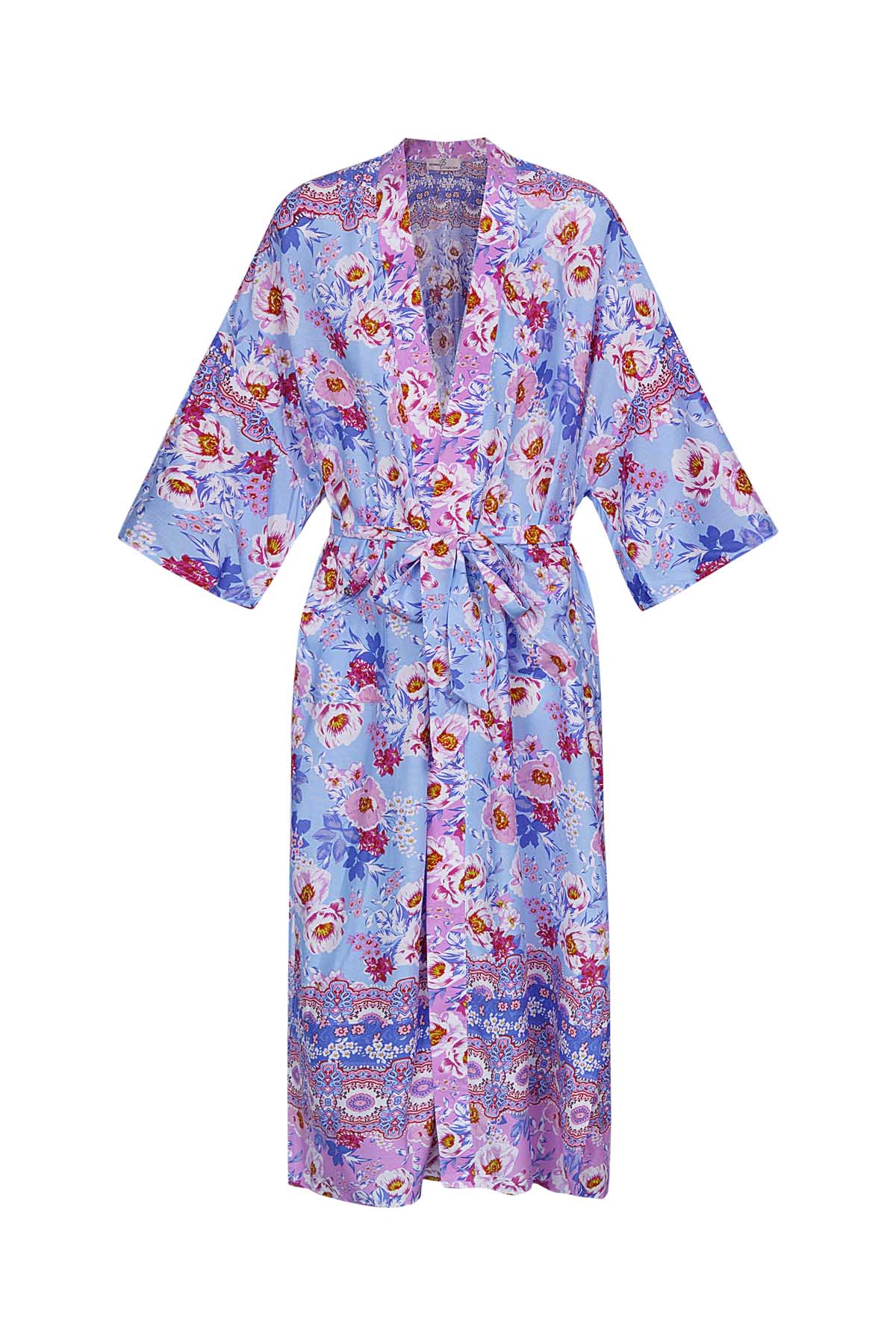 Çiçek desenli kimono - mavi h5 