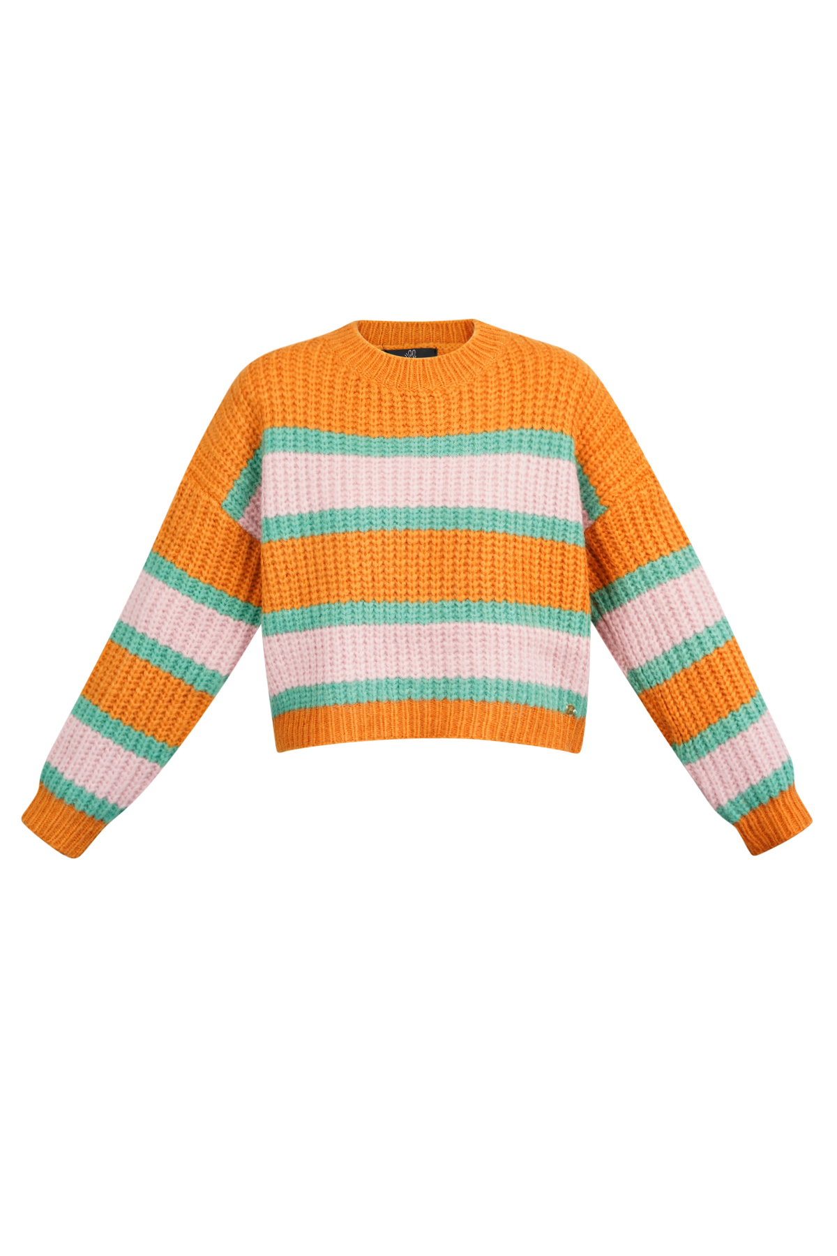 Gestrickter dreifarbiger Pullover mit Streifen – Orange-Rosa