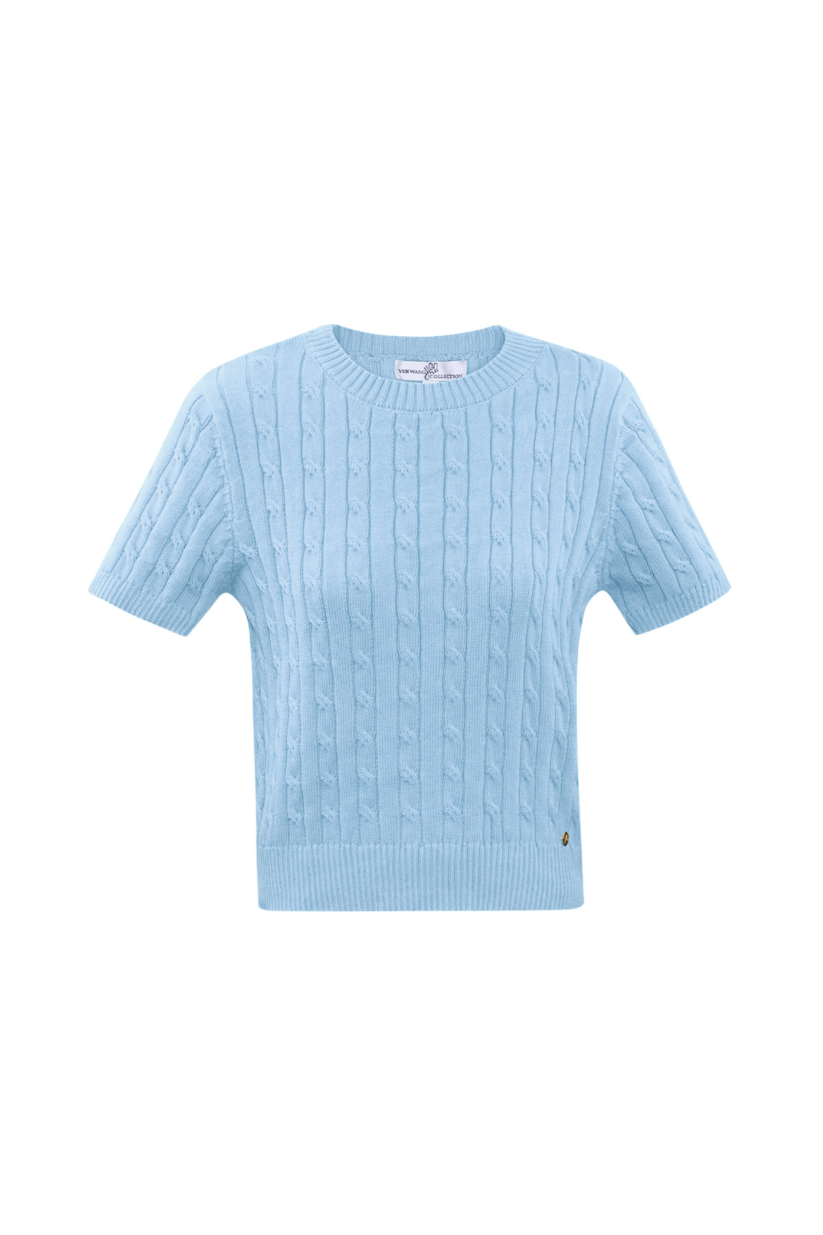 Knitted sweater with cables and short sleeves small/medium – light blue