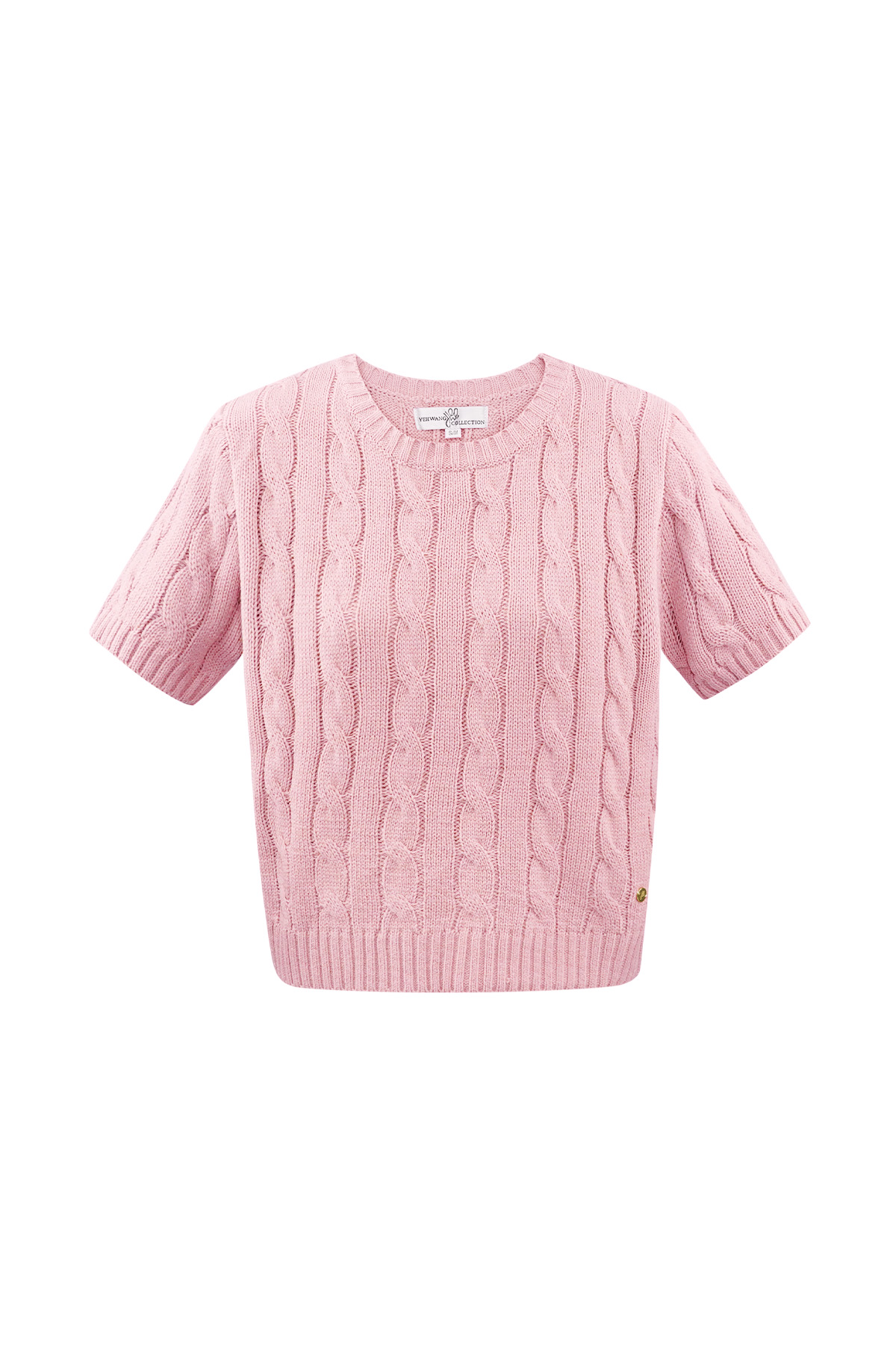 Classic knitted sweater with cables and short sleeves small/medium – pink